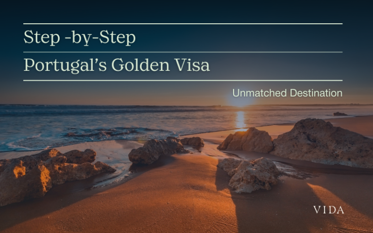 Sunset over a rocky beach in Portugal promoting step-by-step guide to Portugal’s Golden Visa program.