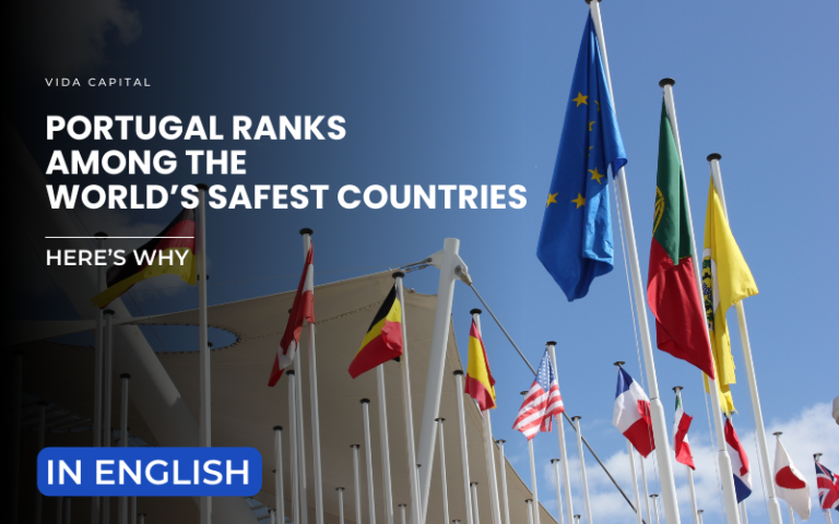 Flags of European countries displayed at an international venue, emphasizing Portugal’s ranking as one of the world’s safest countries.