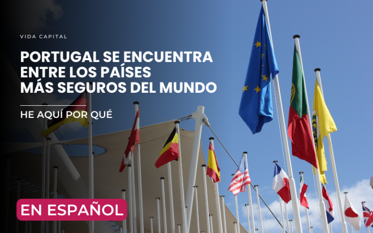 Banderas ondeando con la bandera de Portugal y la Unión Europea, destacando la seguridad del país según el Índice de Paz Global 2024.