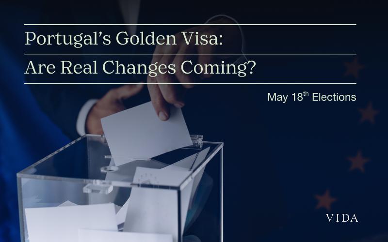 Ballot box with person casting a vote, highlighting Portugal’s Golden Visa and potential election-driven changes, VIDA branding.