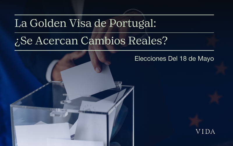 Persona votando en urna con fondo de bandera europea, texto sobre cambios en la Golden Visa de Portugal.